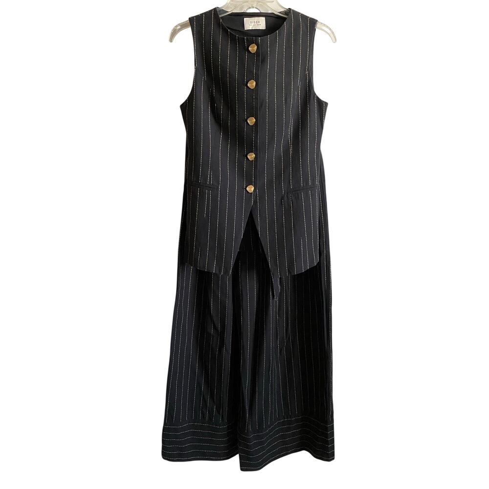 DISSH Boston Black Pinstripe Linen Blend Vest Waistcoat & Wide Leg Trouser Set 4